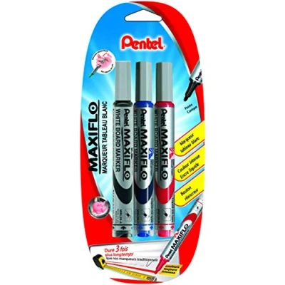 Afbeelding van Pentel Maxiflo whiteboard marker, medium ronde punt, vloeibare inkt, zwart, blauw, rood, 3 stuks