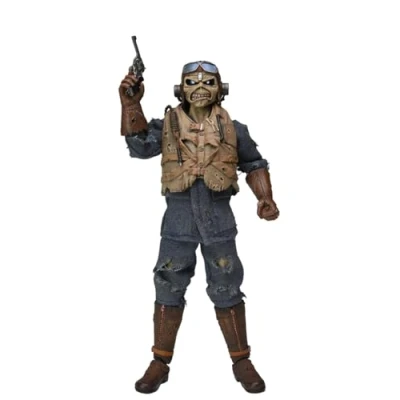 Afbeelding van NECA Iron Maiden Aces High Eddie actiefiguur, van kunststof en polyester, in geschenkdoos met kijkvenster.