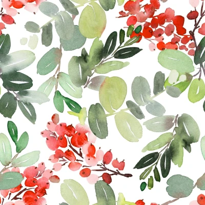 Afbeelding van Inpakpapier Kerst Aquarel Bessen en Takjes Breedte 40 cm 200m lang