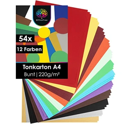 Afbeelding van OfficeTree 54 x gekleurd karton A4, 220 g, knutselkarton, 10 kleuren, kleurrijk om te knutselen en vorm geven, plus 2 gouden zilveren vellen