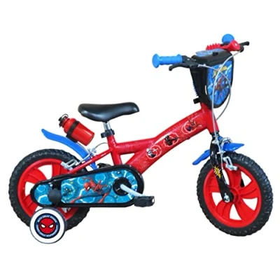 Afbeelding van ATLAS 12 inch Spiderman fiets met 2 remmen, decoratieve voorplaat, spatborden, behuizing en stabilisatoren, flessenhouder achter jongens, rood blauw