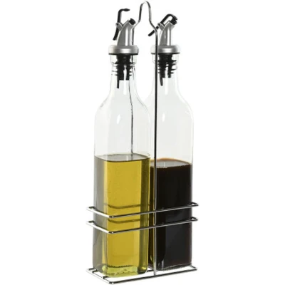 Afbeelding van Items Azijn/Olie flessen tafelset glas/metaal transparant met schenktuit Olie en azijnstellen