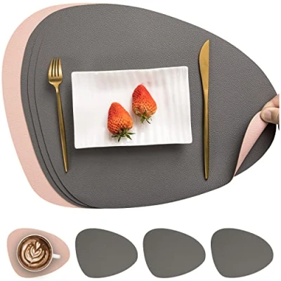 Afbeelding van Myir JUN Lederen tafelmatten en onderzetters, Placemat Waterdichte Dubbelzijdige Keuken Plaats Matten Koffiematten Antislip Wasbare Placemats Onderzetters (Set van 4, Grijs/Roze)