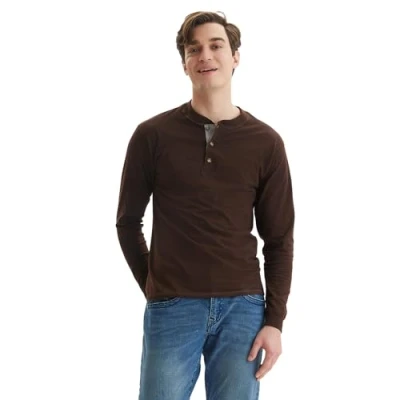 Afbeelding van Hanes Heren T Shirts, BeefyT Henley Katoen Lange Mouwen Donkere Truffel, 3XL