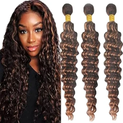 Afbeelding van Tuheers Long Hair Bundles Brown P430 Highlight Human for Woman Deep Wave Extensions 3 Real Double Weft 34 Inches Virgin