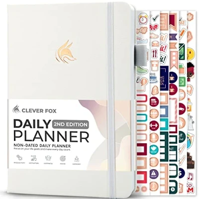 Afbeelding van Clever Fox Dagelijkse planner 2e editie ongedateerde tijdblokkeertaakorganisator met uurschema en takenlijst A5, 6 maanden (wit)