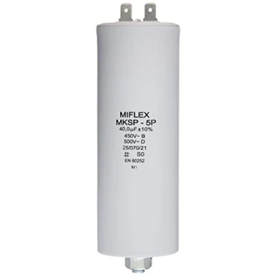 Afbeelding van Aanloopcondensator motor condensator 40µF 450V 45x119mm stekker M8; Miflex ; 40uF