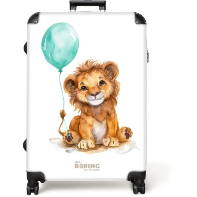 Afbeelding van NoBoringSuitcases.com® Koffer groot Reiskoffer lichtgewicht Leeuw met blauwe ballon Rolkoffer 4 wielen Grote trolley XL 98 liter bagage