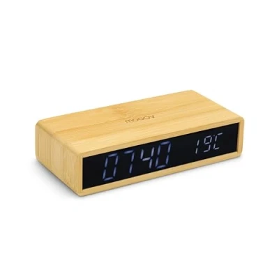 Afbeelding van MOOOV Bamboe wekker met zwart led display en binnentemperatuur, instelbare helderheid, 3 alarmen