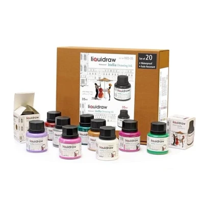 Afbeelding van Liquidraw Gekleurde tekeninktset, Indiase inkt, waterdicht, set van 20 verschillende kleuren, 35 ml inkt voor kunstenaars