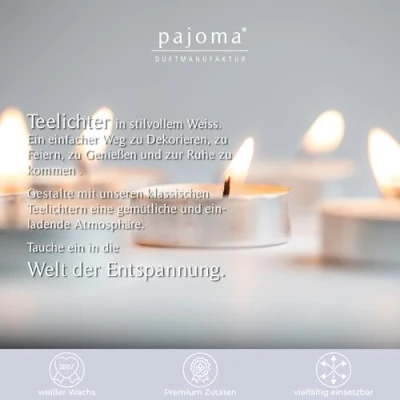 Afbeelding van pajoma® Theelichten 50 stuks, wit ongeparfumeerde theelichtjes brandduur: 8 uur 20 g wasgewicht, 25 x 38 mm gastro, bruiloft, decoreren, feesten, ontspannen, outdoor, feest