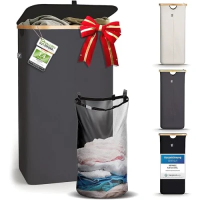 Afbeelding van HENNEZ wasmand met Deksel Wasbare Handdoekopslag Hamer Wasbak Badkameraccessoire 100 Liter Grijs