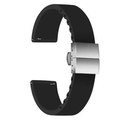 Afbeelding van ULLCHRO Uniseks rubberen armband met roestvrijstalen zilveren vouwsluiting, zwart, 16 mm, Riemen.