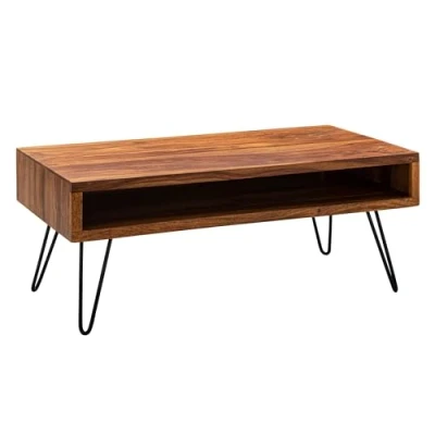 Afbeelding van FineBuy Koffietafel Massief Sheesham Hout en Metaal 100 x 40 50 cm Salontafel Bruin Rechthoekige Tafel Hairpin Woonkamer Moderne Houten Bijzettafel