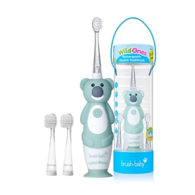 Afbeelding van Brush Baby Electrische Oplaadbare Kindertandenborstel WildOnes Kylie de Koala 0 10 jaar 3 opzetborstels 2 poetsstanden Timer &amp; Pulse Disco licht Zuignapvoet