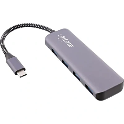 Afbeelding van InLine USB 3.2 Hub Type C naar 4x A 10Gb/s metalen behuizing Grijs (USB C, 4 Havens), Docking station + hub,