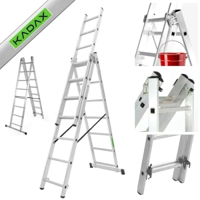 Afbeelding van KADAX multifunctionele ladder, ladder van aluminium, tot 150 kg, combiladder, staande met haken, schuifladders (8 treden)