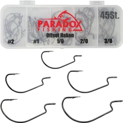Afbeelding van Paradox Fishing Premium offset hakenset 45 stuks I elk 9X #2#1 1/0 2/0 3/0 dropshot haken Cheburashka