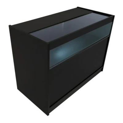 Afbeelding van Zwart Winkel Toonbank LED Verlichting B1200 Afsluitbaar Schuifdeuren 2 Sleutels Detailhandel Opbergkast Glas Vitrine Display Kast Receptie Bureau 3 Planken 1 Open Gesloten Schappen Witte Lampen