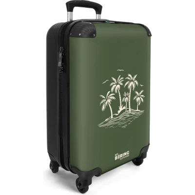 Afbeelding van NoBoringSuitcases.com® Handbagage koffer lichtgewicht Reiskoffer trolley Groen met beige palmbomen Rolkoffer wieltjes Past binnen 55x40x20 en 55x35x25