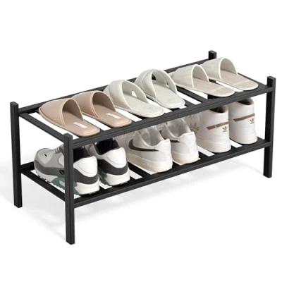 Afbeelding van BAM BOO BOX Bamboe Schoenenrek 2 Niveau Schoenen Organizer 68 x 28 32 cm Shoe Rack Bamboerek Schoenenkast Schoenenstandaard ideaal voor Hal, Woonkamer en Gang (Zwart)