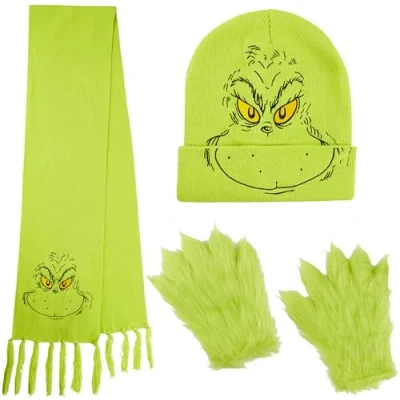 Afbeelding van The Grinch Dames Winter Accessoires Set, Hoed Sjaal Handschoenen Geschenken voor Haar, Groen, one size