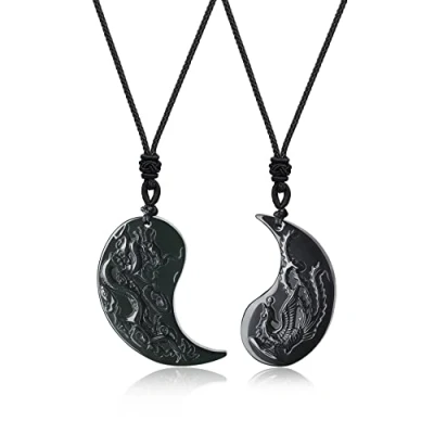 Afbeelding van COAI Partnerketting Taichi Yin en Yang Draak Feniks gravure hanger, Obsidiaan, Obsidiaan
