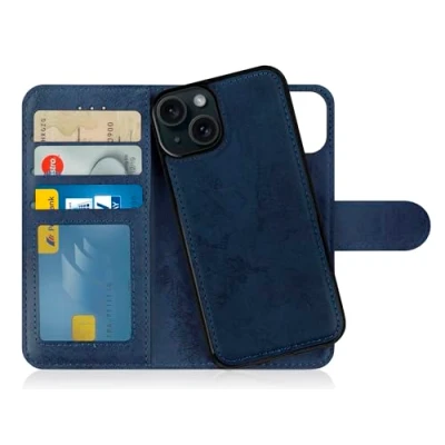 Afbeelding van MyGadget Beschermhoesje voor Apple iPhone 15, magnetische klaphoes, portefeuille, flip wallet case, kaartvakjes, van kunstleer, afneembaar, donkerblauw
