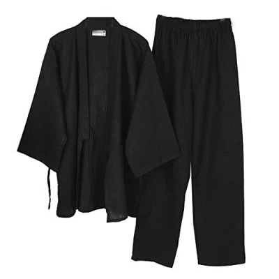 Afbeelding van Een Japans merk kimono katoenen hanfu pyjama pak voor heren in oversized taoïstische kleding Zen, zwart, L