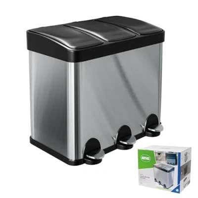 Afbeelding van Amig Drievoudige vuilnisemmer met pedalen, 45 liter, 3 uitneembare vakken 15 l, recyclingemmer voor de keuken, roestvrij staal, 60 x 37 49 cm, zilverkleurig