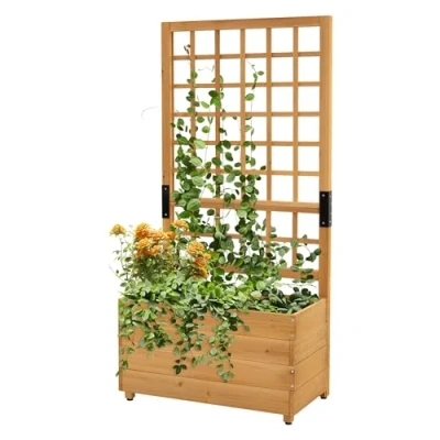 Afbeelding van ML Design Plantenbak met Trellis 67,5x139x36,5 cm Bruin Massief Houten Tuinrek Verhoogd Plantenbed Latwerk Bloembak Klimrek voor Klimplanten Tuinbak Balkon Terras en Tuin