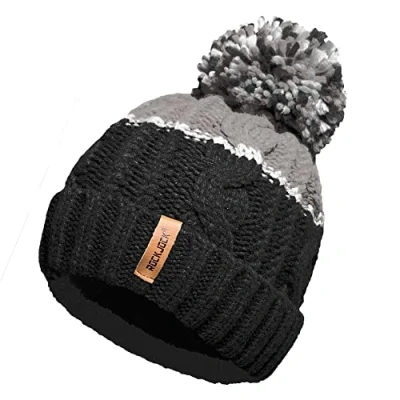 Afbeelding van RockJock Uniseks heren dames warme winter dikke kleurblok ski pompon hoed met gezellige thermische teddy fleece voering, Zwart/Grijs, One size