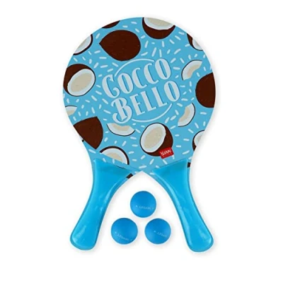 Afbeelding van Legami Strandrackets, 2 rackets en 3 ballen, ergonomische handgreep, inclusief tas, voor volwassenen kinderen, 23 x 38 cm, mooi kokosnootthema