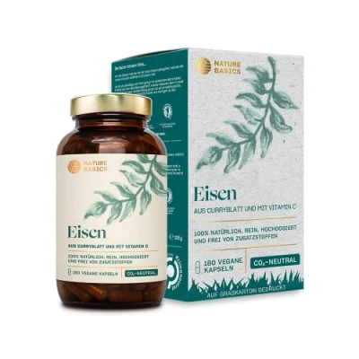 Afbeelding van Nature Basics® natuurlijk ijzer gecertificeerd &amp; duurzaam in een potje 180 (!) hooggedoseerde capsules 14mg 80mg vitamine C per capsule puur uit kerrieblad rozenbottel zonder toevoegingen DE