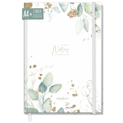 Afbeelding van Paper&amp;you® notitieboek, gelinieerd, A4+ met elastiek, bladgoud, 156 pagina&#039;s, 78 vellen, gelinieerd bullet journal, schetsboek, dagboek, duurzaam en klimaatvriendelijk