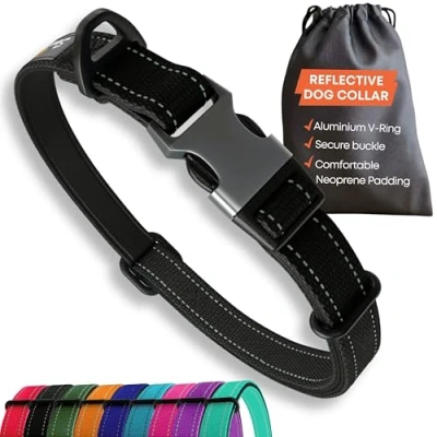 Afbeelding van Strong hondenhalsband voor middelgrote honden, zwart, reflecterend, verstelbaar, gevoerd, metalen gesp, aluminium V ring, hondenveiligheid