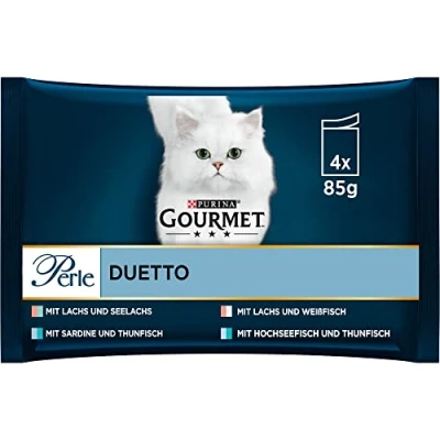 Afbeelding van Gourmet Perle Duo Mini Filets in Saus Kattenvoer, Natvoer met Zalm en Koolvis, Witvis, Zeevis Tonijn, Witvis Tonijn 4x85g doos van 12 (48 portiezakjes; 4,08kg)