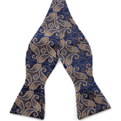 Afbeelding van Zijden zelfbinder vlinderdas met blauw en goud paisleymotief