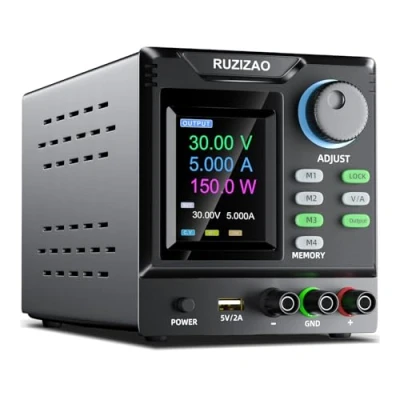 Afbeelding van RUZIZAO Programmeerbare laboratoriumvoeding, 30 V, 5 A, stabiele voeding, verstelbaar, met herinneringen/uitgangsschakelaar/encoder, laboratoriumvoeding software en vergrendelingsknop