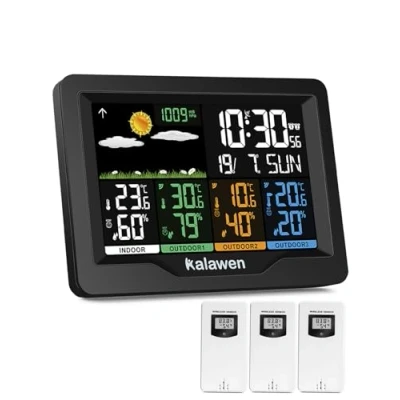Afbeelding van Kalawen weerstation met 3 buitensensoren, binnen en buiten, multifunctioneel draadloos weerstation, kleurendisplay, digitaal thermometer, hygrometer, DCF radioklok, voor thuis,