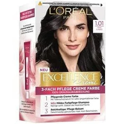 Afbeelding van L&#039;Oréal Paris Excellence Cream Permanente haarkleur, 100% grijshaardekking, haarverfset met kleuring, shampoo en 3 voudige verzorging crèmekleur, nr. 1.01 diepzwart, x 268 g
