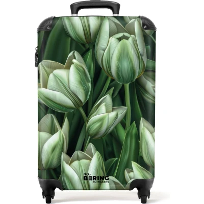 Afbeelding van NoBoringSuitcases.com® Handbagage koffer lichtgewicht Reiskoffer trolley Groen met witte tulpen Rolkoffer wieltjes Past binnen 55x40x20 en 55x35x25