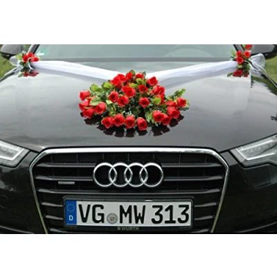 Afbeelding van Kanten autoboeket, autoversiering, bruidspaar, rozen, decoratie, huwelijk, auto, bruiloftsdecoratie (rood 4)