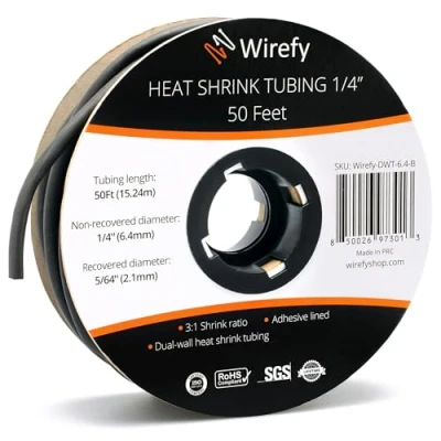 Afbeelding van Wirefy Krimpkous Rol 6,4mm 3:1 Dubbelwandige Kabel Met Zelfklevende Voering Thermische Slang Zwart van 15 m