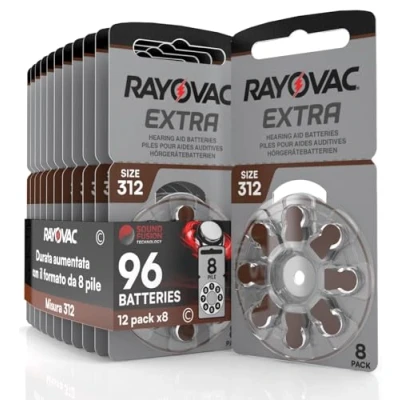 Afbeelding van 96 Hoortoestelbatterijen Rayovac Extra Advanced 312. 12 x 8 batterijen blisterverpakking