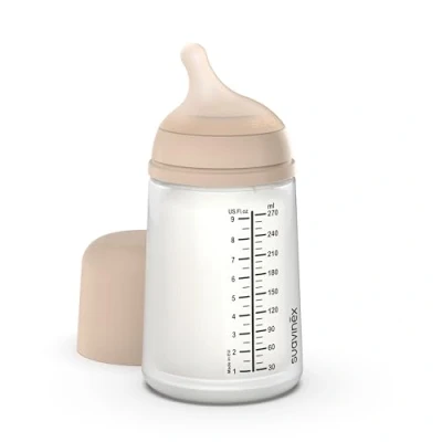 Afbeelding van Suavinex, Zero Anti koliek fles met speen medium flow (M) van siliconen, voor baby&#039;s + 3 maanden, ideaal gemengde borstvoeding, die borst, moedermelk en poeder, 270 ml, licht