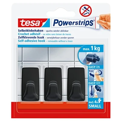 Afbeelding van tesa Powerstrips Zelfklevende Haken Klein, Vierkant 3 x Muurhaken Voor Tegels, Glas, Kunststof en andere Oppervlakken Tot max. 1 kg Zwart