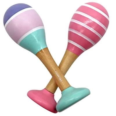 Afbeelding van PREMYO Maracas Baby Rammelaar Muziek Speelgoed Houten Sambaballen Babyspeelgoed Roze Turquoise Strepen
