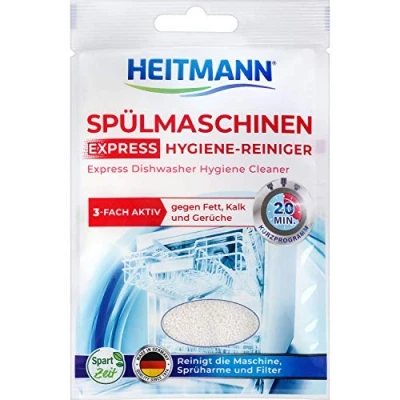 Afbeelding van HEITMANN Express vaatwasser reiniger 30g: voor servies, 3 voudig actief tegen vet, kalk, geurtjes, werkt al in een kort programma, bespaart tijd, energie en kosten