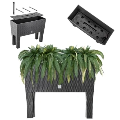 Afbeelding van KADAX Bloempot op poten, verhoogd bloembed van kunststof in 2 maten, plantenbak rotanmotief, bloembak voor tuin, balkon, terras, plantenbak, kruidenbed, 60 cm, antraciet